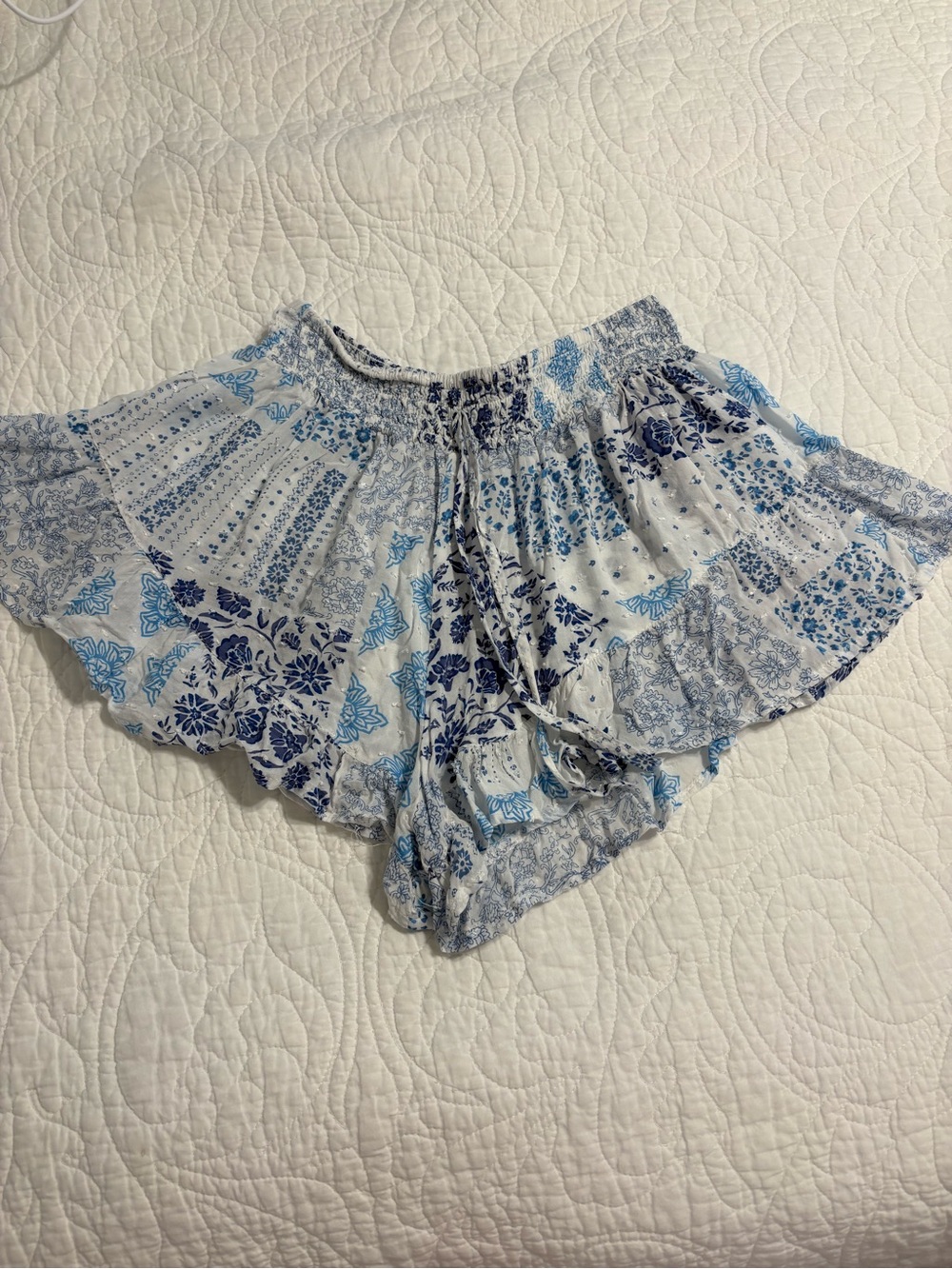 Surf Gypsy Blue and White Floral Tiered Shorts
